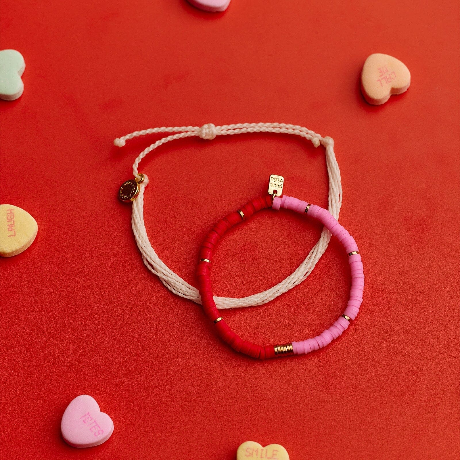 Pink and Red Vinyl Disc Bead Stretch Bracelet Set - Image 6